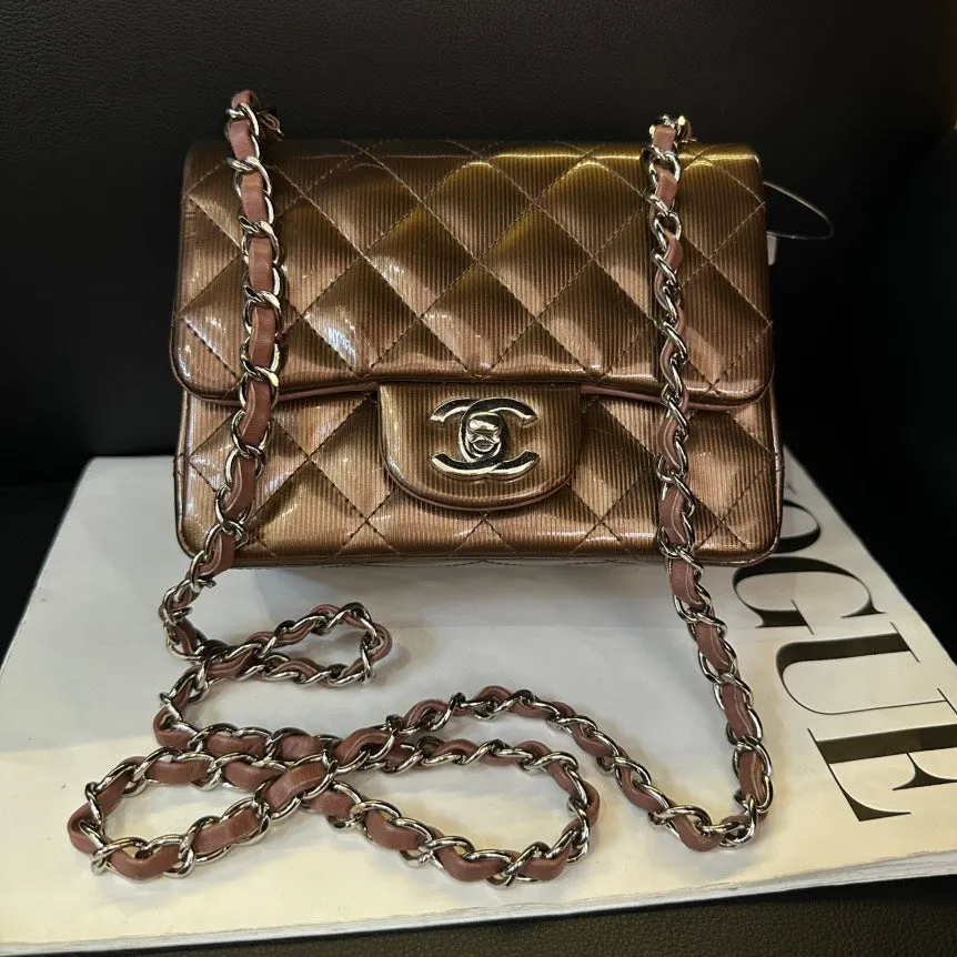 Chanel Brown Patent Leather Quilted Square Crossbody Bag 16cm