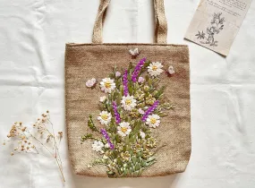 Ribbon Embroidered Flower Garden Jute Bag