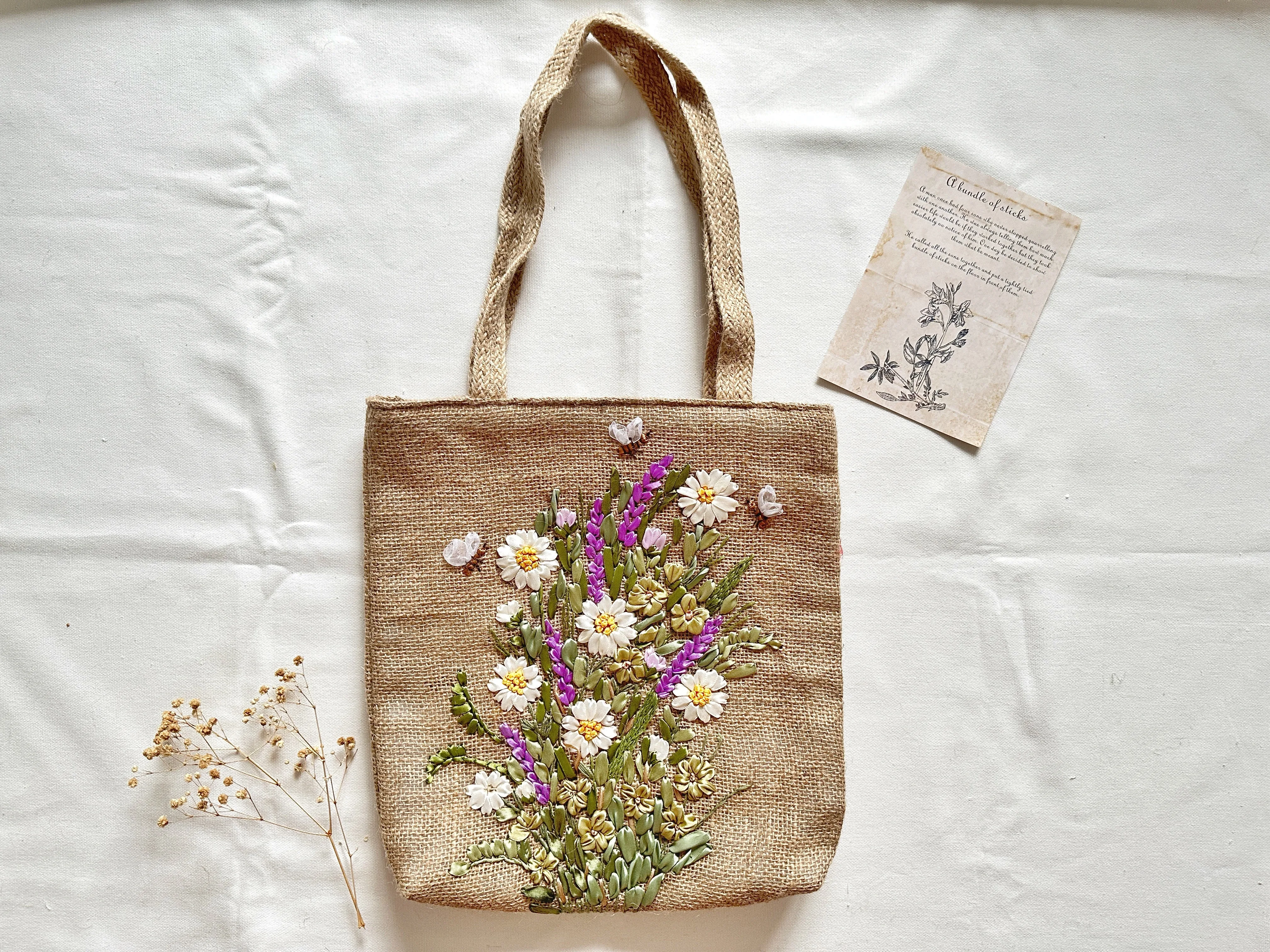 Ribbon Embroidered Flower Garden Jute Bag