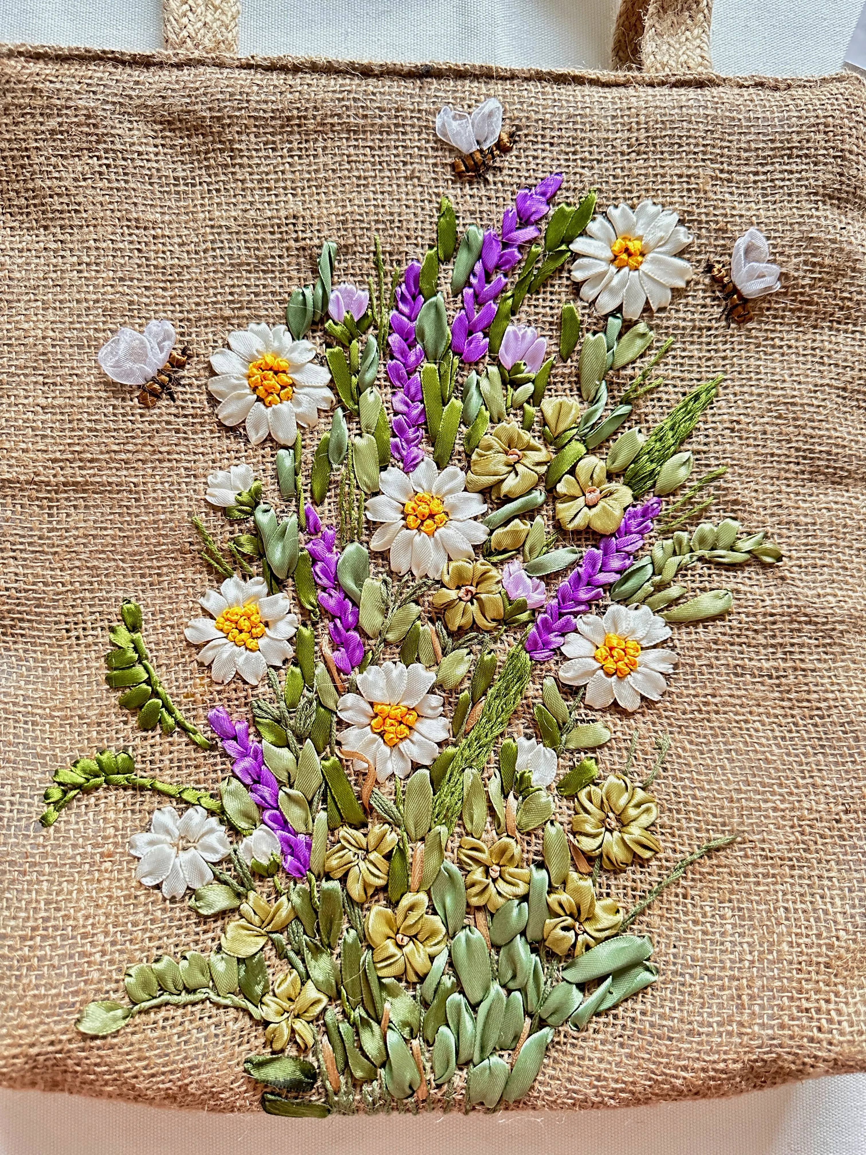 Ribbon Embroidered Flower Garden Jute Bag