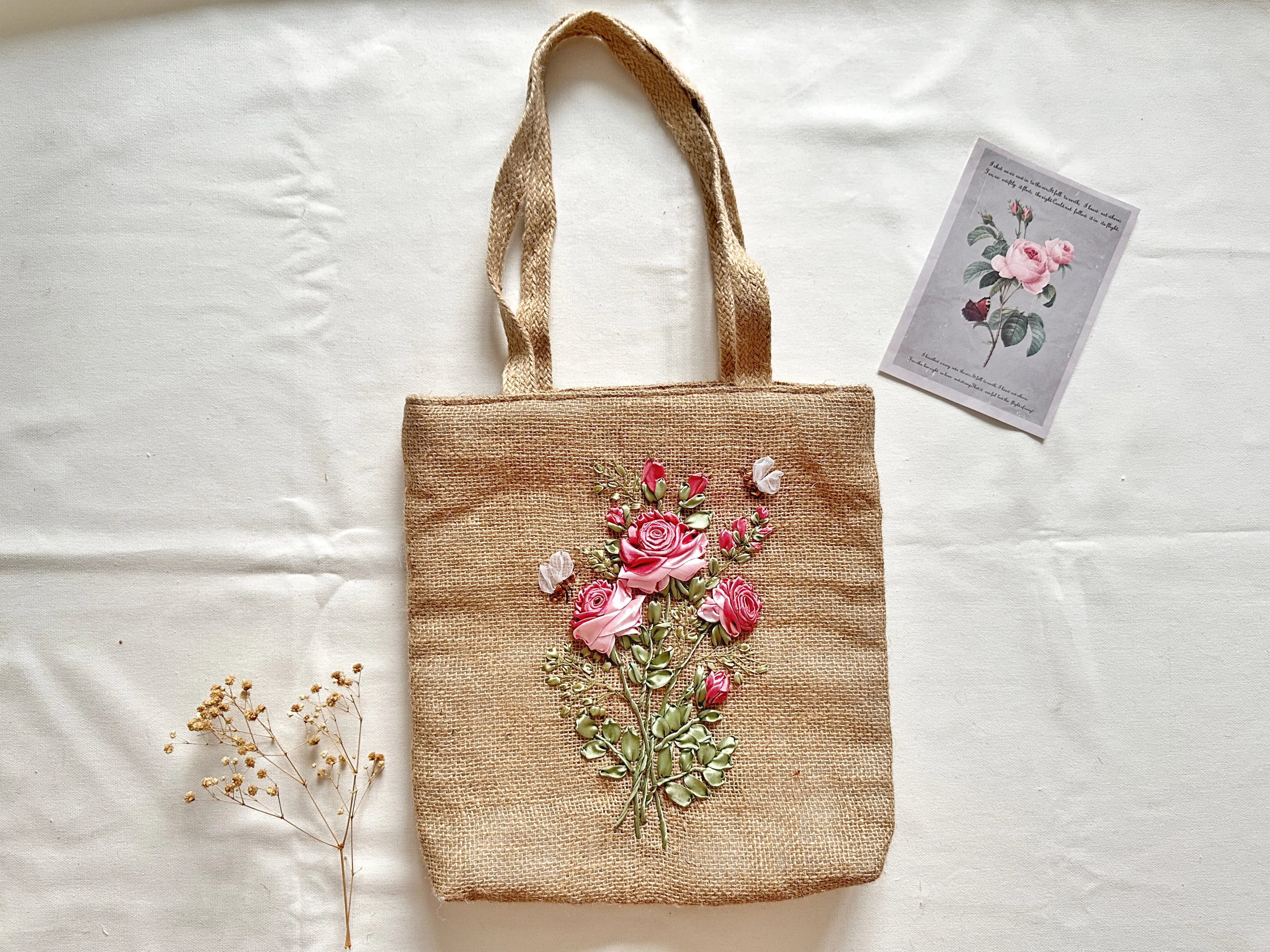 Ribbon Embroidered Rose Jute Bag