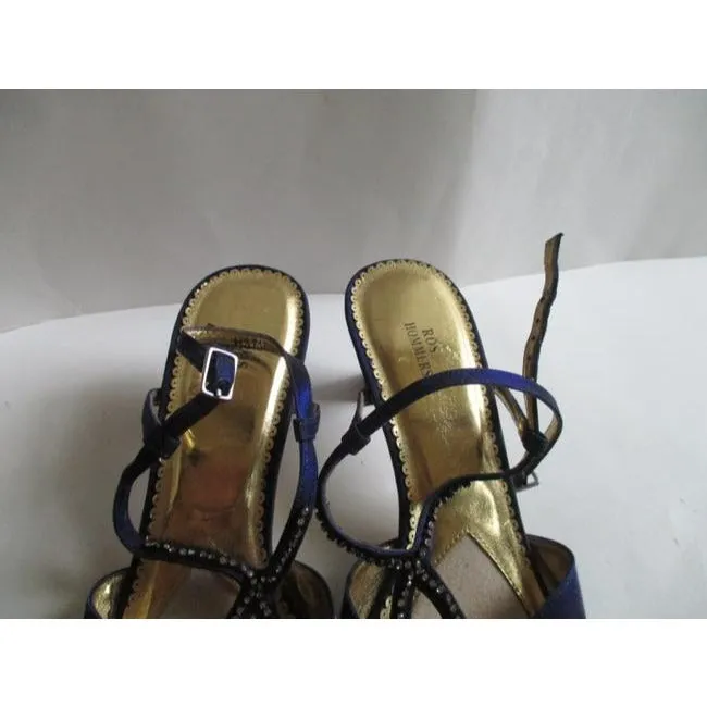 Ros Hommerson Royal Blue Satin Strappy Open Toe Rhinestone Slingbacks Pumps Size Us