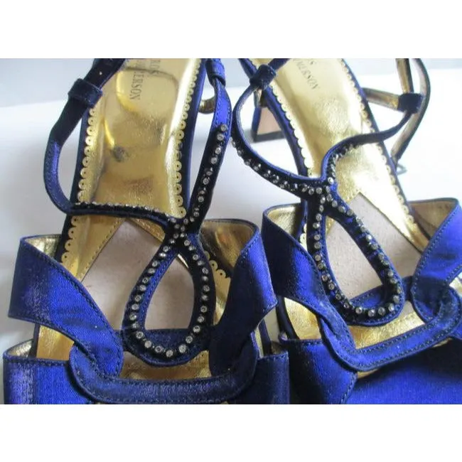 Ros Hommerson Royal Blue Satin Strappy Open Toe Rhinestone Slingbacks Pumps Size Us
