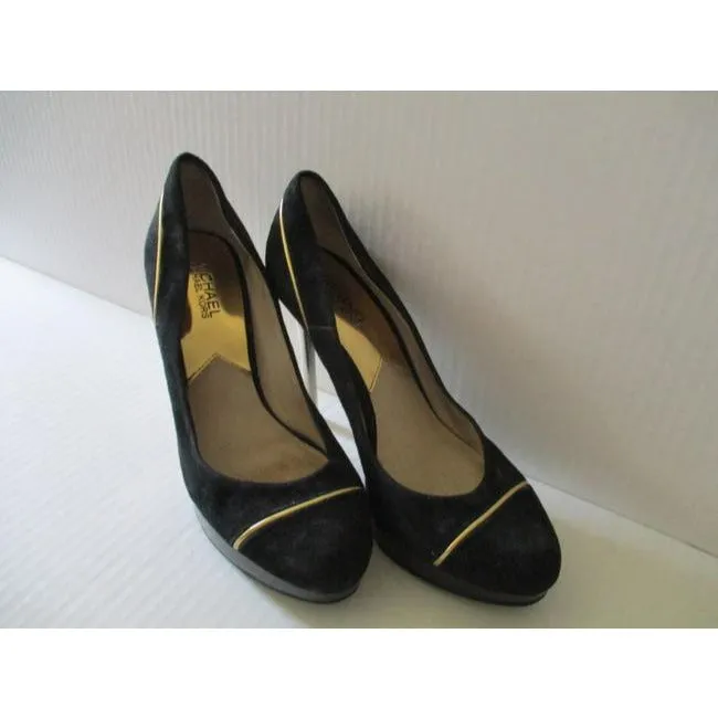 SALE! Michael Kors Black Suede Gold Heels And Piping Classic Platform Pumps Size 8M Us